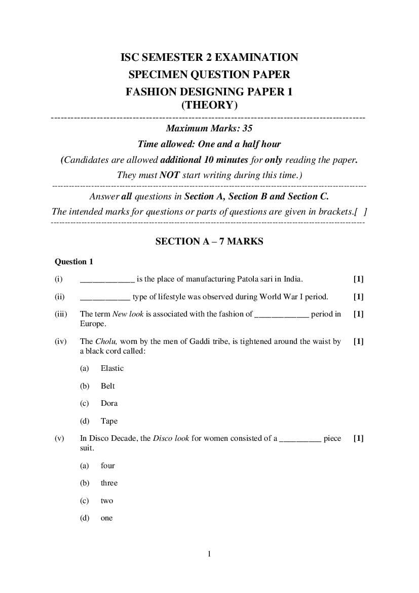 ISC Class 12 Specimen Paper 2022 Fashion Designing Semester 2 - Page 1