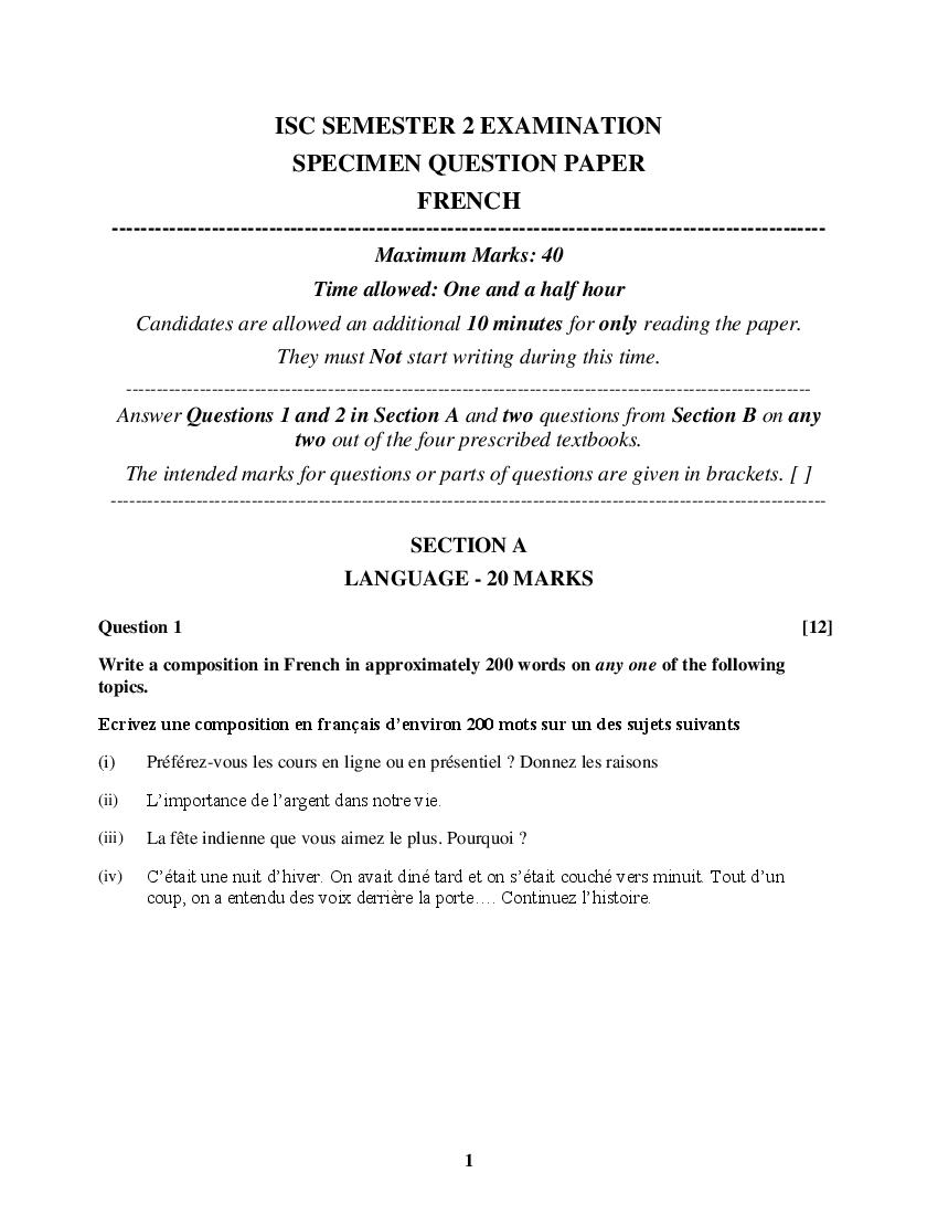 ISC Class 12 Specimen Paper 2022 French Semester 2 - Page 1
