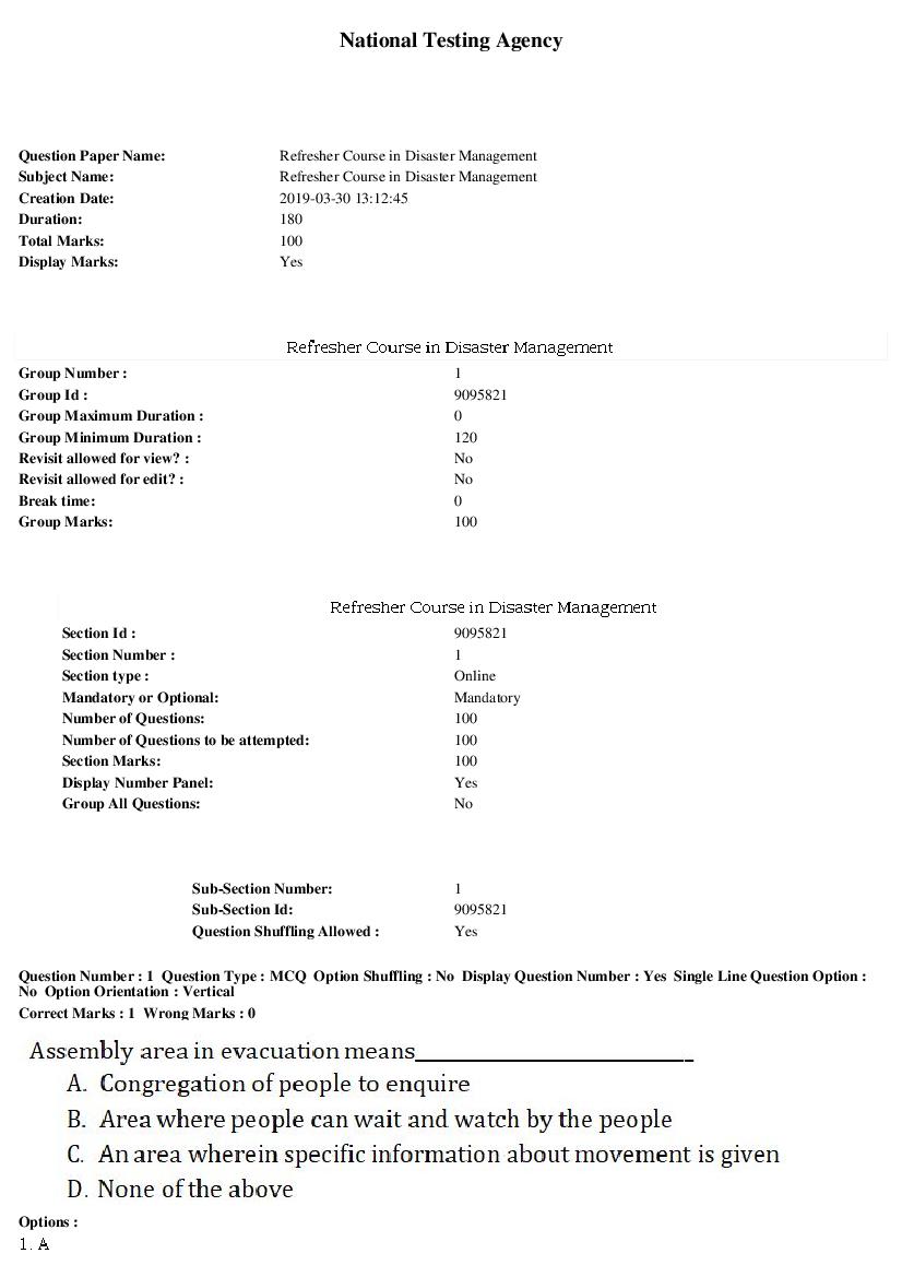 ARPIT 2019 Question Paper for Refresher Course in Disaster Management - Page 1 of 35