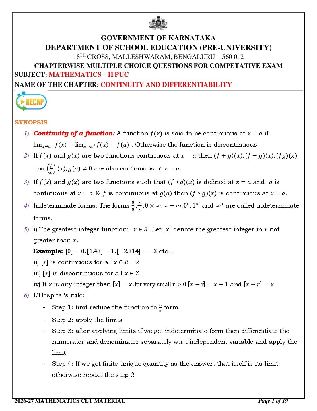 Karnataka 2nd PUC Mathematics Continuity and Differentiability MCQ with Answers - Page 1 of 19