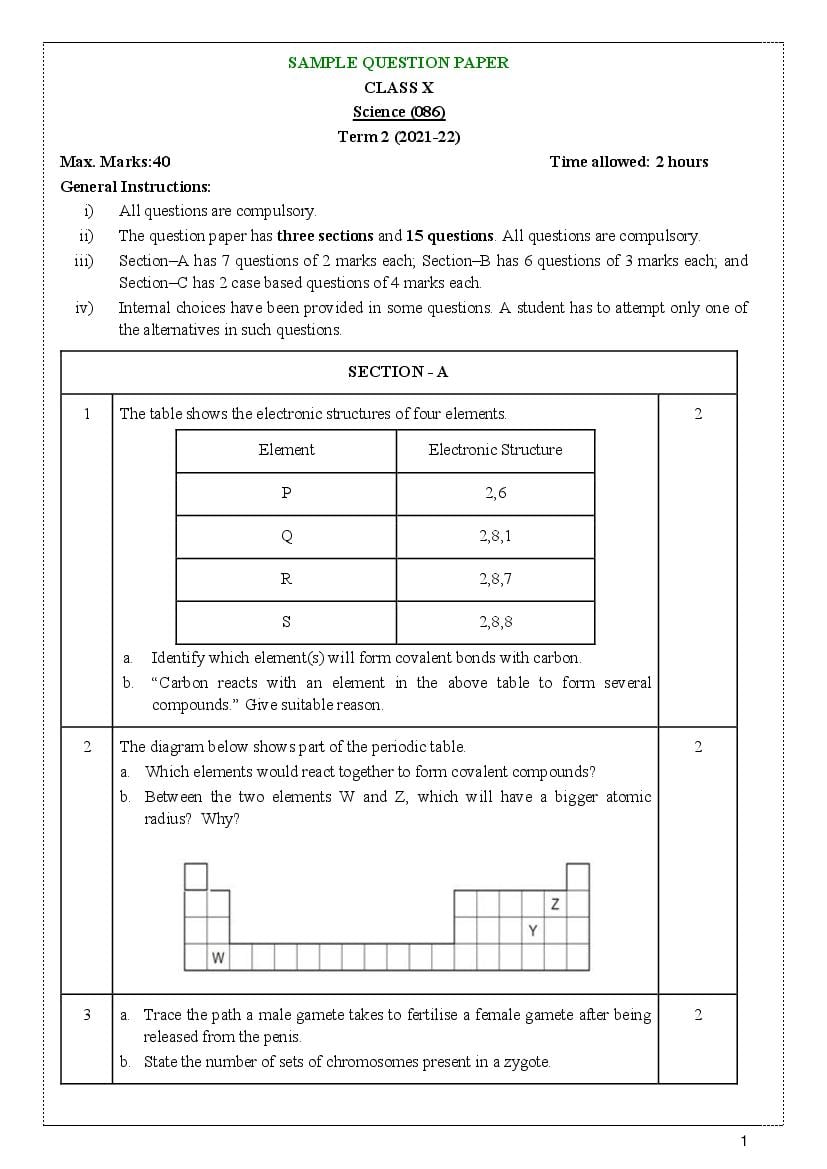 CBSE Class 10 Sample Paper 2022 for Science Term 2 - Page 1