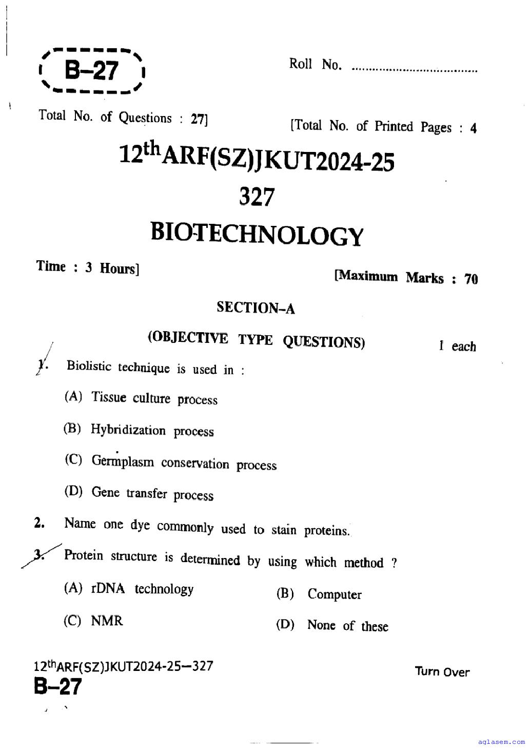 JKBOSE Class 12th Question Paper 2025 Biotechnology - Page 1 of 4