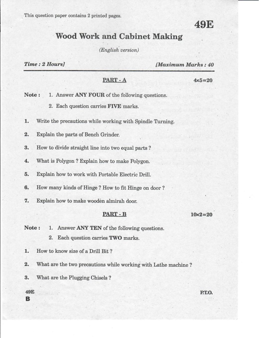 AP 10th Class Question Paper 2019 Wood Work and Cabinet Making (English Medium) - Page 1