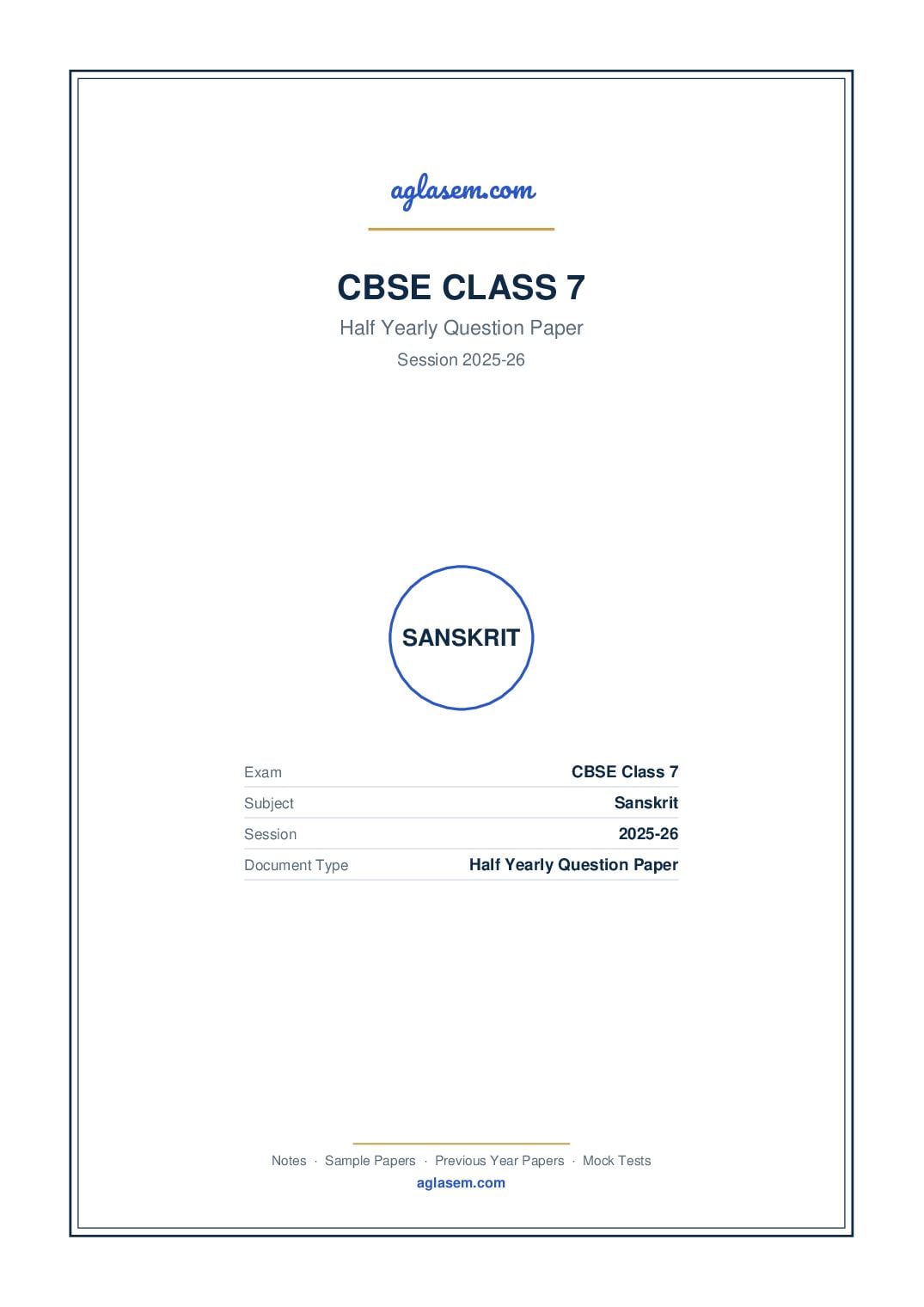 Class 7 Half Yearly Question Paper 2025-26 Sanskrit - Page 1 of 9