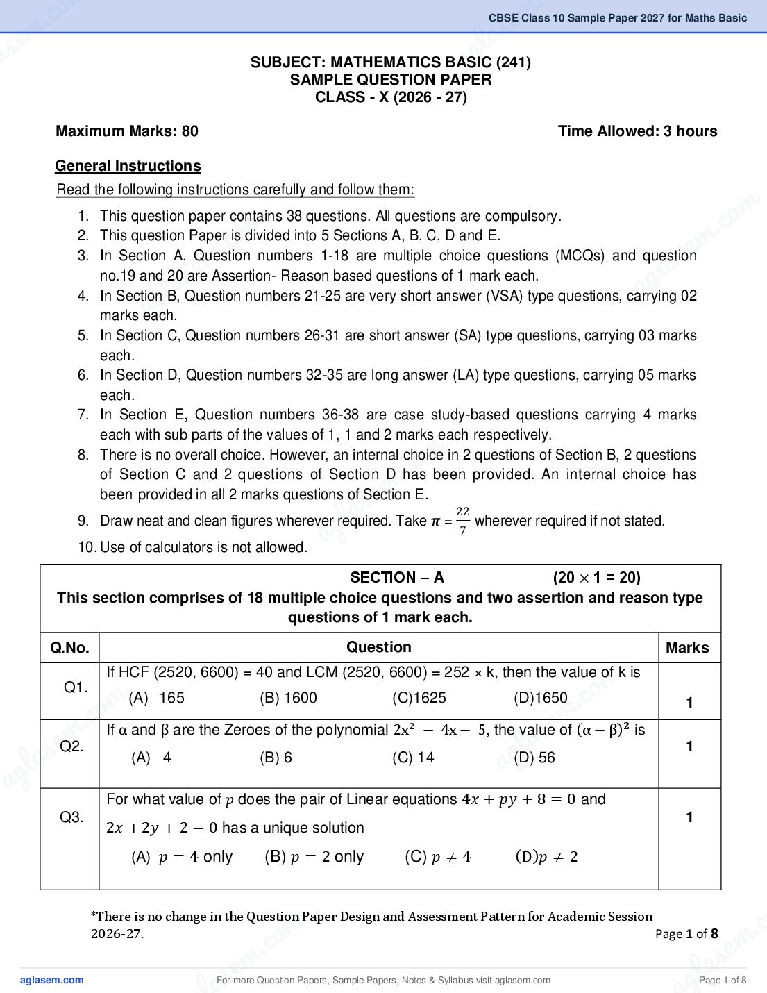 CBSE Class 10 Sample Paper 2027 for Maths Basic - Page 1 of 8