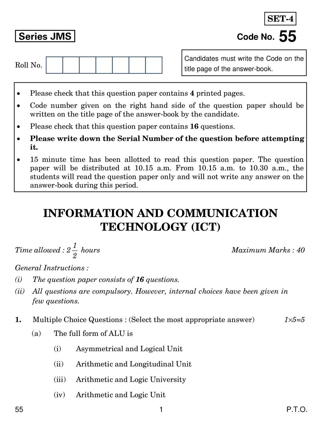 CBSE Class 10 Information and Communication Technology Question Paper 2019 - Page 1