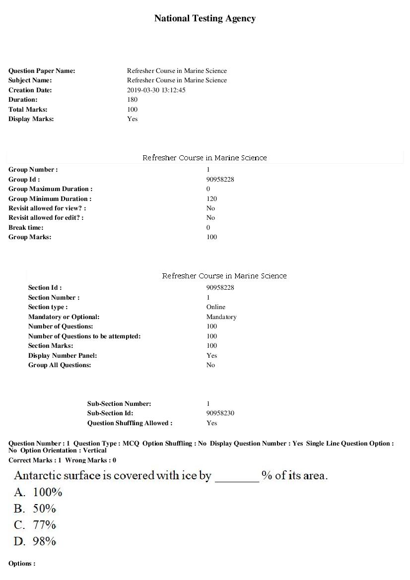 ARPIT 2019 Question Paper for Refresher Course in Marine Science - Page 1 of 38