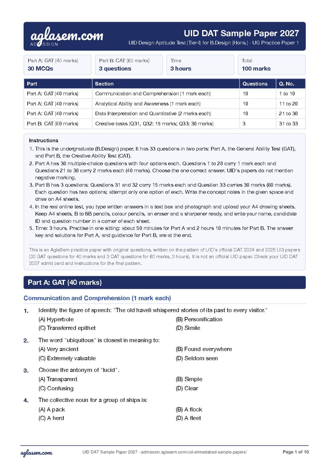 UID DAT 2027 Sample Paper B.Des - Page 1 of 10