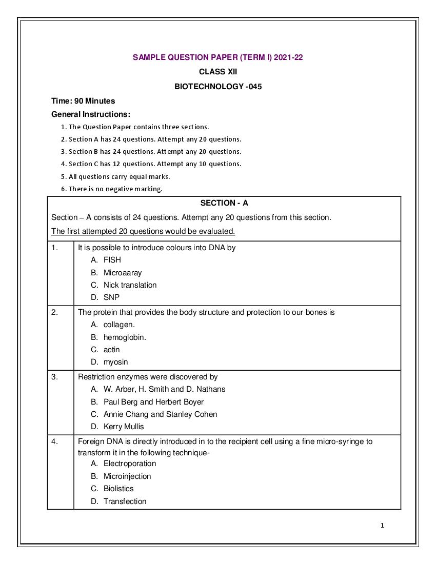 CBSE Class 12 Sample Paper 2022 for Biotechnology - Page 1