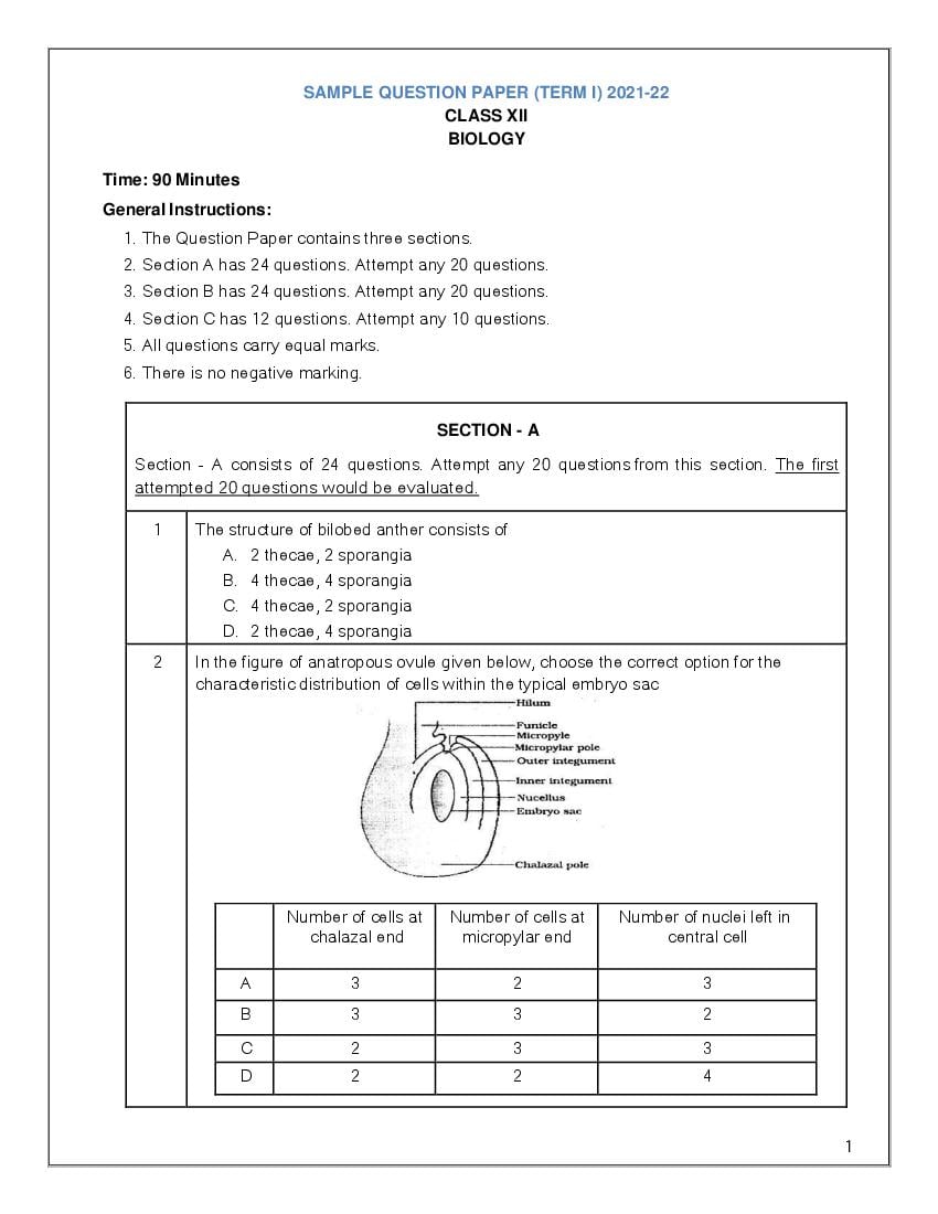 CBSE Class 12 Sample Paper 2022 for Biology - Page 1