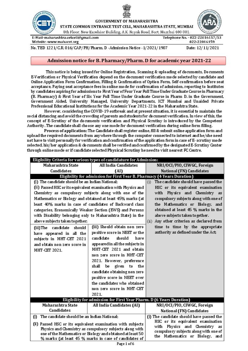 pharmacy phd notification 2021