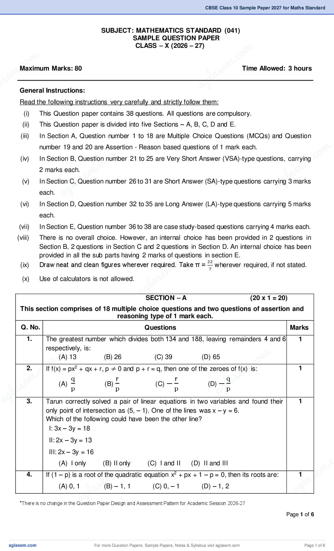 CBSE Class 10 Sample Paper 2027 for Maths Standard - Page 1 of 6