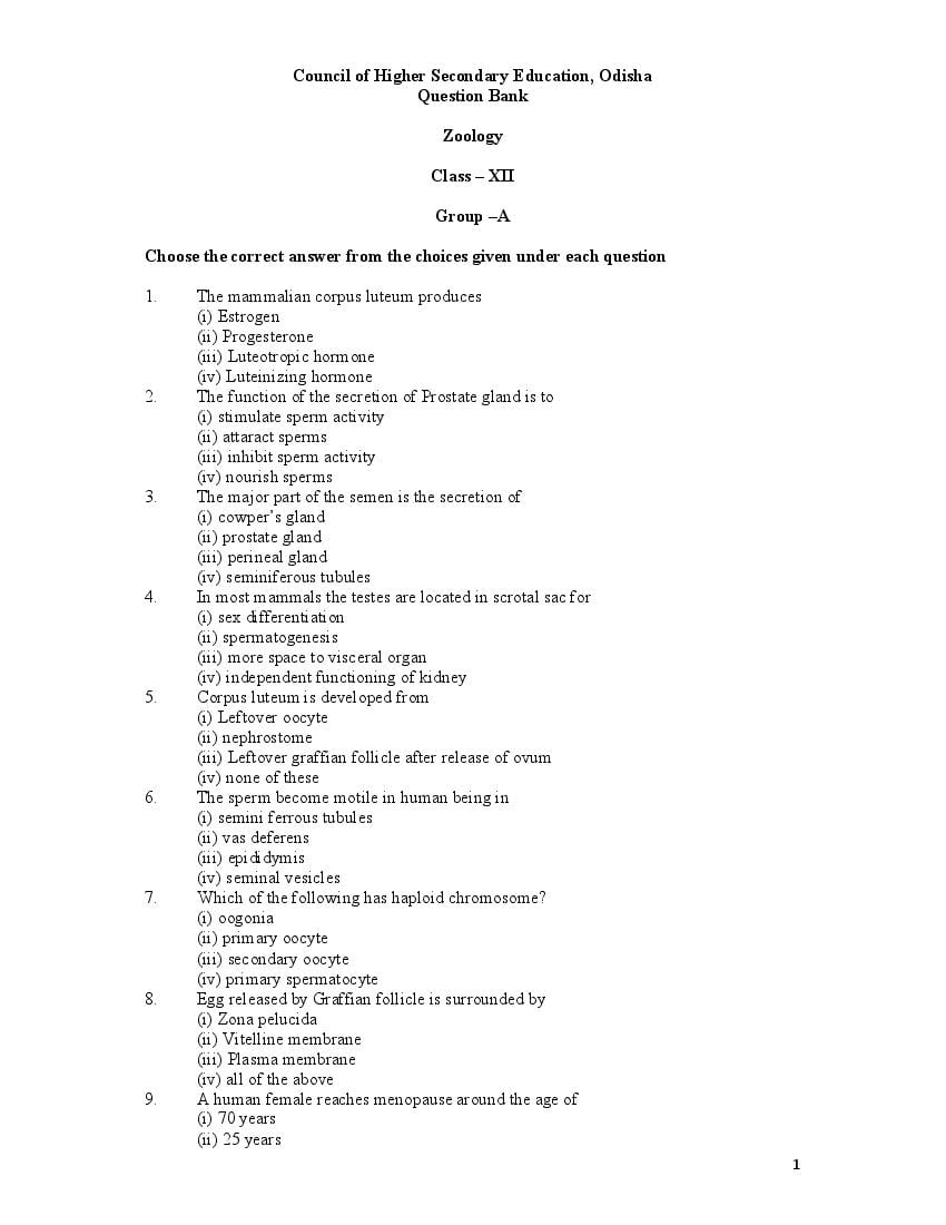 Odisha Board Class 12 Sample Questions Zoology - Page 1