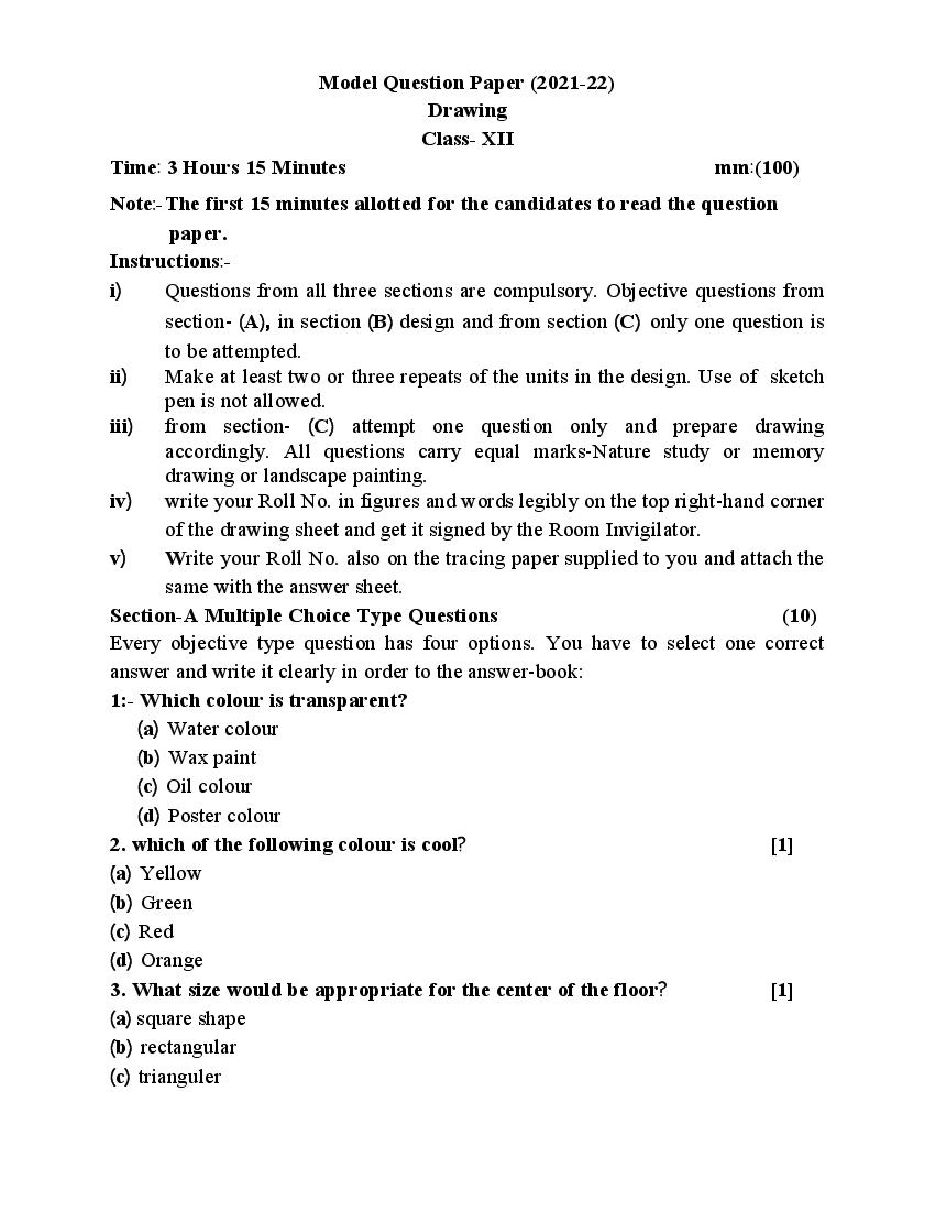 UP Board Class 12th Model Paper 2023 Chittrakala - Page 1