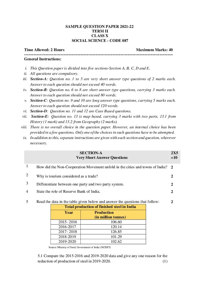 CBSE Class 10 Sample Paper 2022 for Social Science Term 2 - Page 1