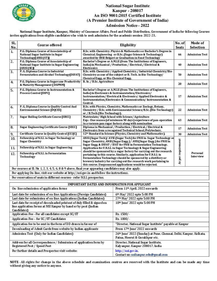 NSI Admission 2022 Notification - Page 1