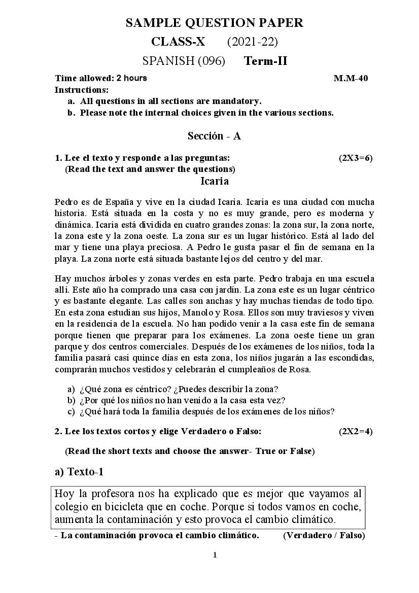 CBSE Class 10 Sample Paper 2022 for Spanish Term 2 - Page 1