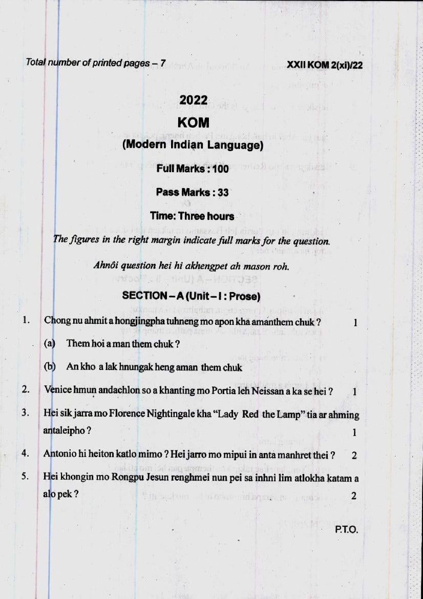Manipur Board Class 12 Question Paper 2022 for Kom - Page 1