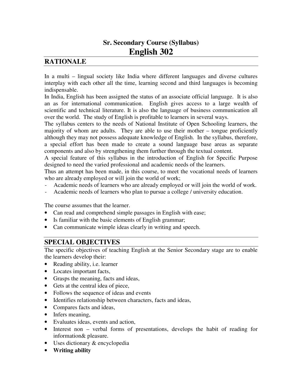 NIOS Class 12 Syllabus - English - Page 1