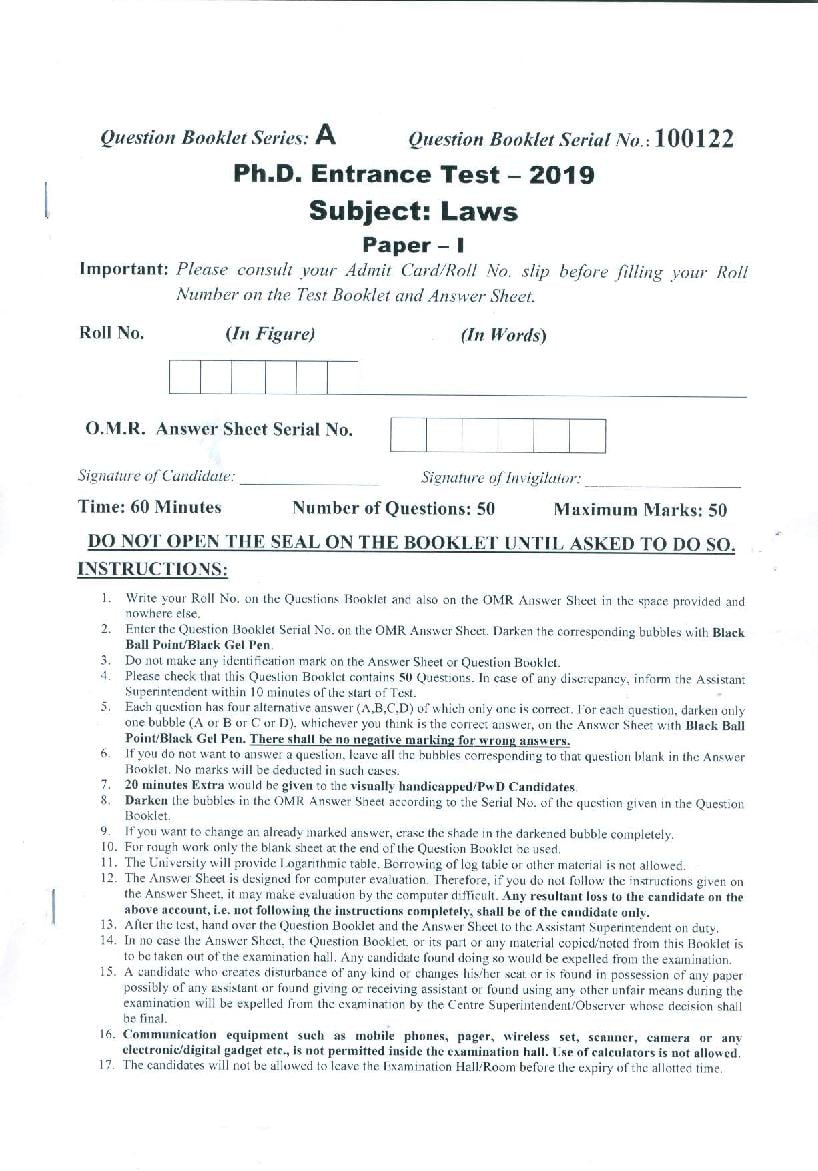 PU M.Phil & Ph.D Entrance Exam 2019 Question Paper Faculty of Law - Page 1