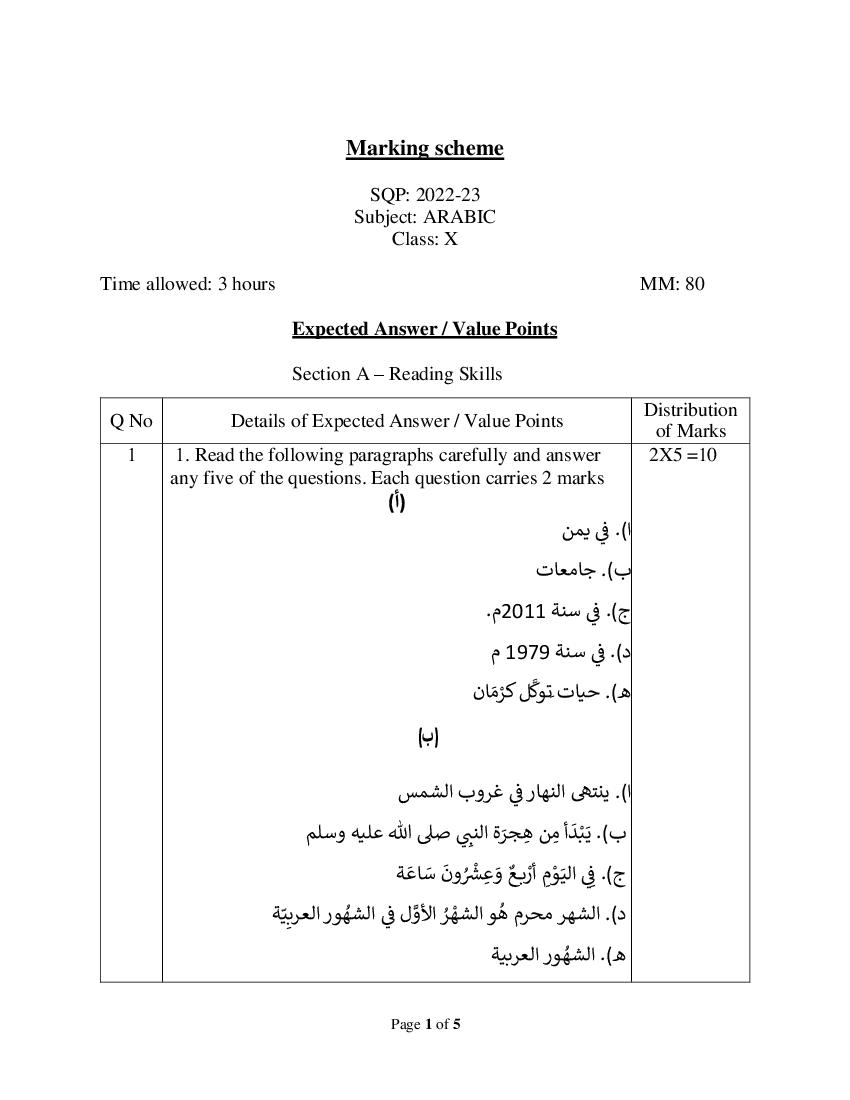 CBSE Class 10 Sample Paper 2023 Solutions for Arabic - Page 1