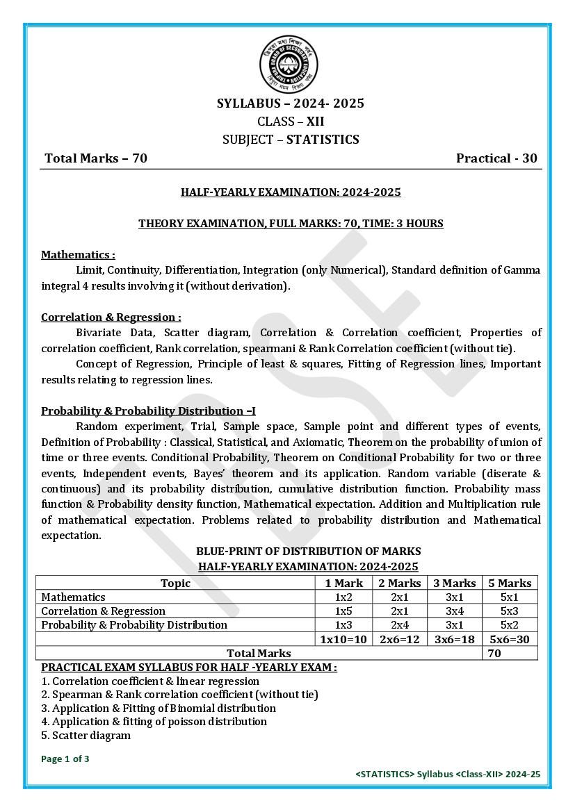 TBSE Class 12 Syllabus 2025 Statistics - Page 1