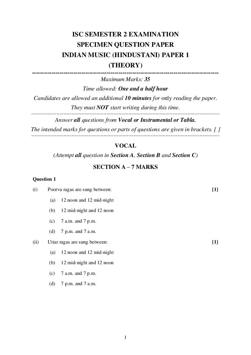ISC Class 12 Specimen Paper 2022 Hindustani Music Semester 2 - Page 1