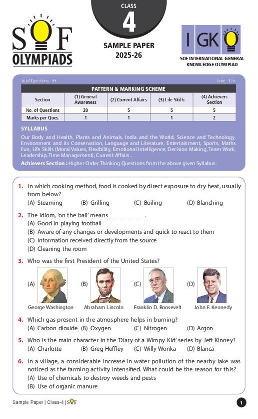 SOF IGKO Sample Paper 2026 Class 4 - Page 1
