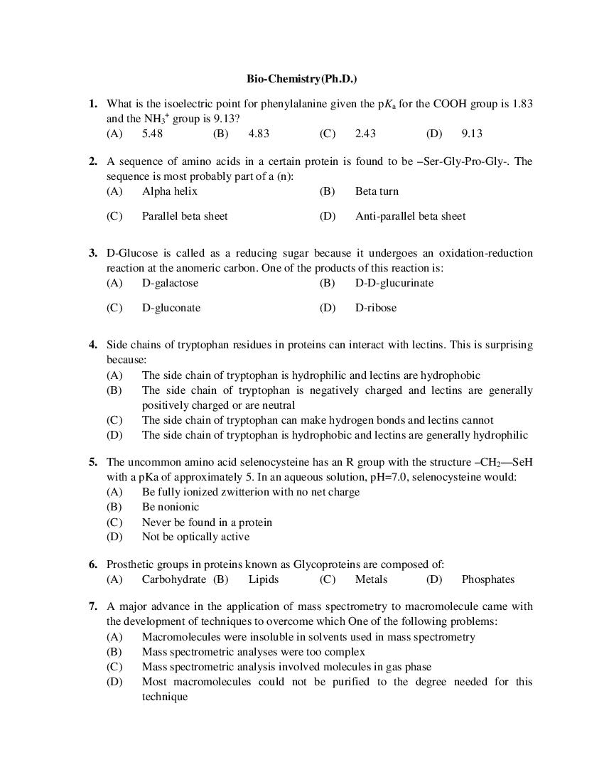 PU M.Phil & Ph.D Entrance Exam 2019 Question Paper Faculty of Science - Page 1