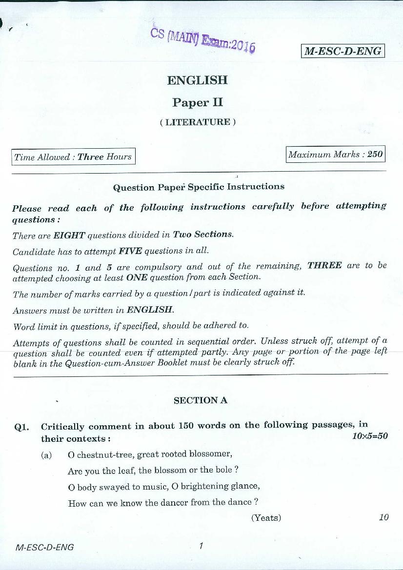 UPSC IAS 2016 Question Paper for English Literature-II - Page 1