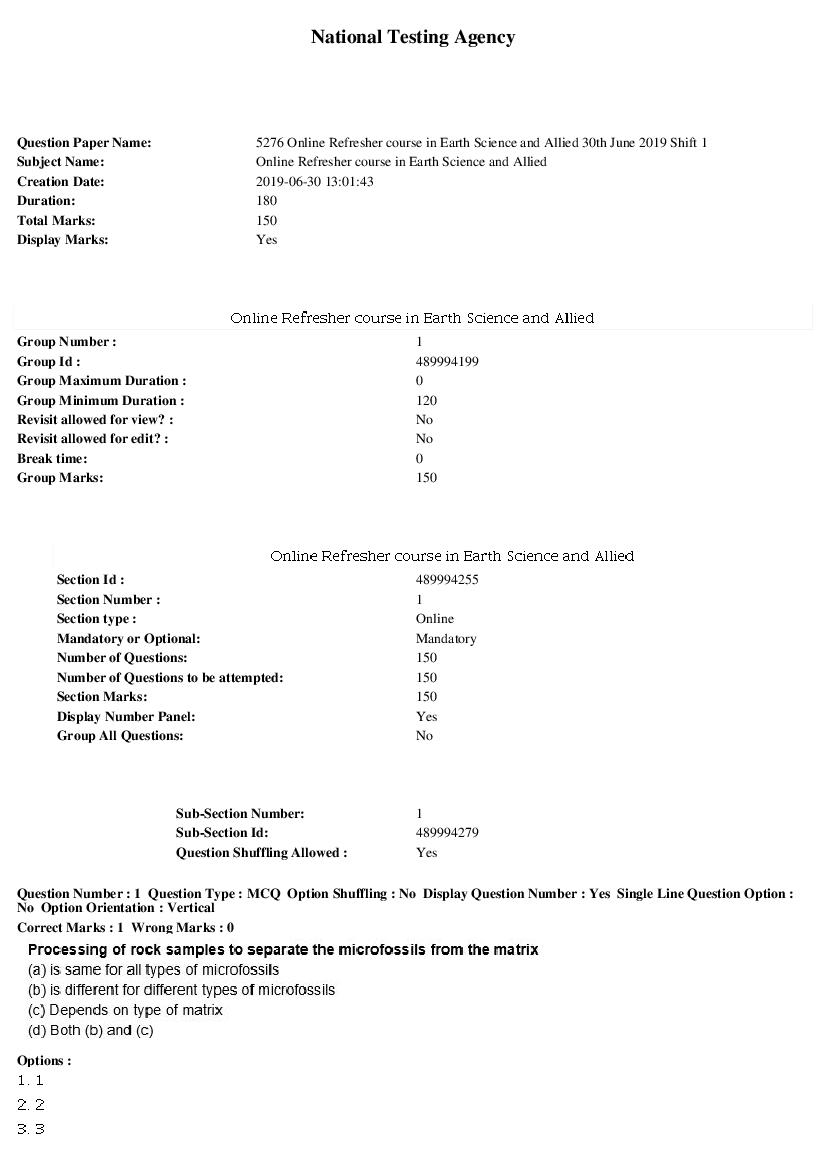 ARPIT 2019 Question Paper for Online Refresher Course in Earth Science and Allied Shift 1 - Page 1 of 33