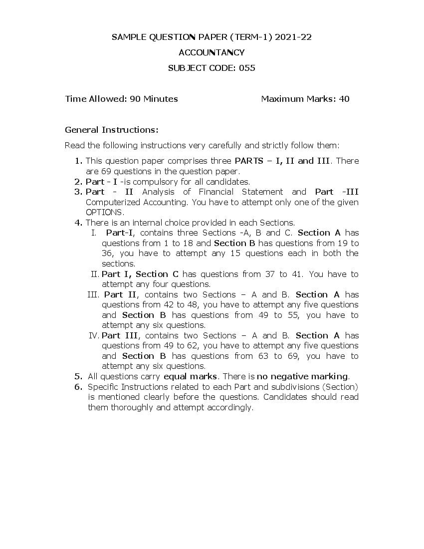 CBSE Class 12 Sample Paper 2022 for Accountancy Term 1 - Page 1