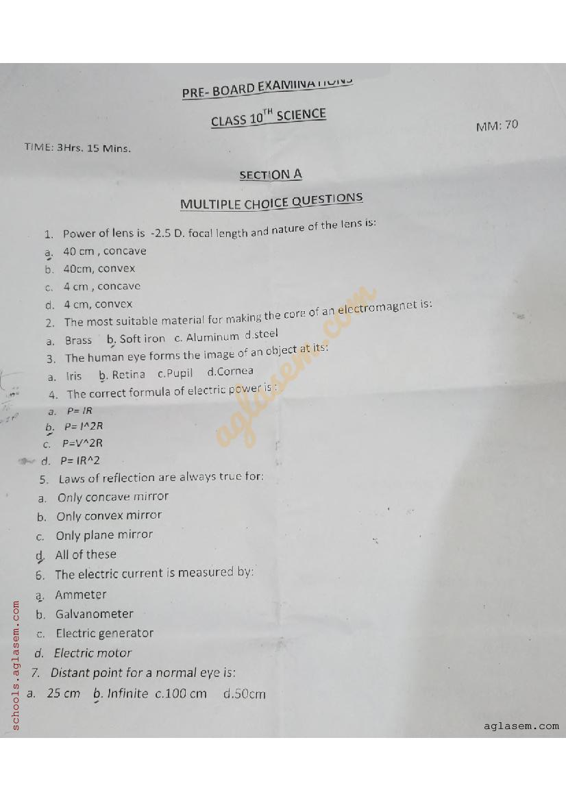 UP Board Class 10 Pre-Board Question Paper 2024 Science - Page 1