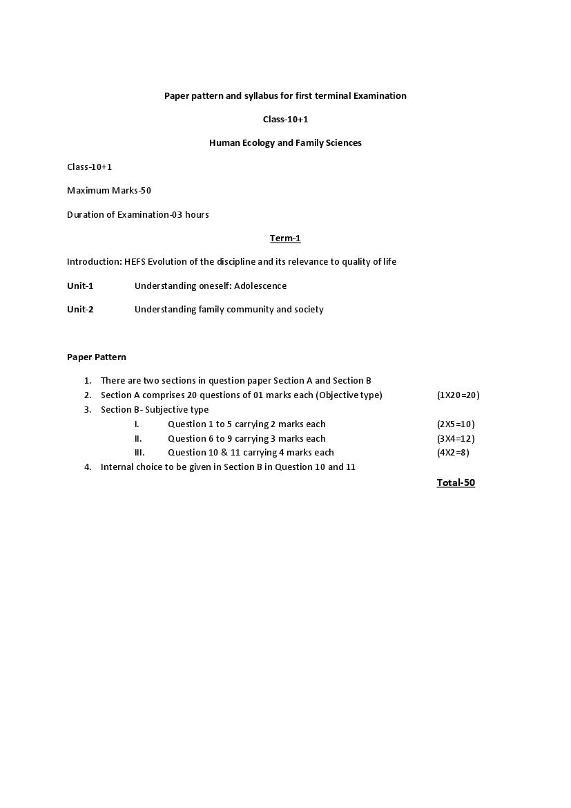 HP Board Class 11 Syllabus 2022 Home Science - Page 1