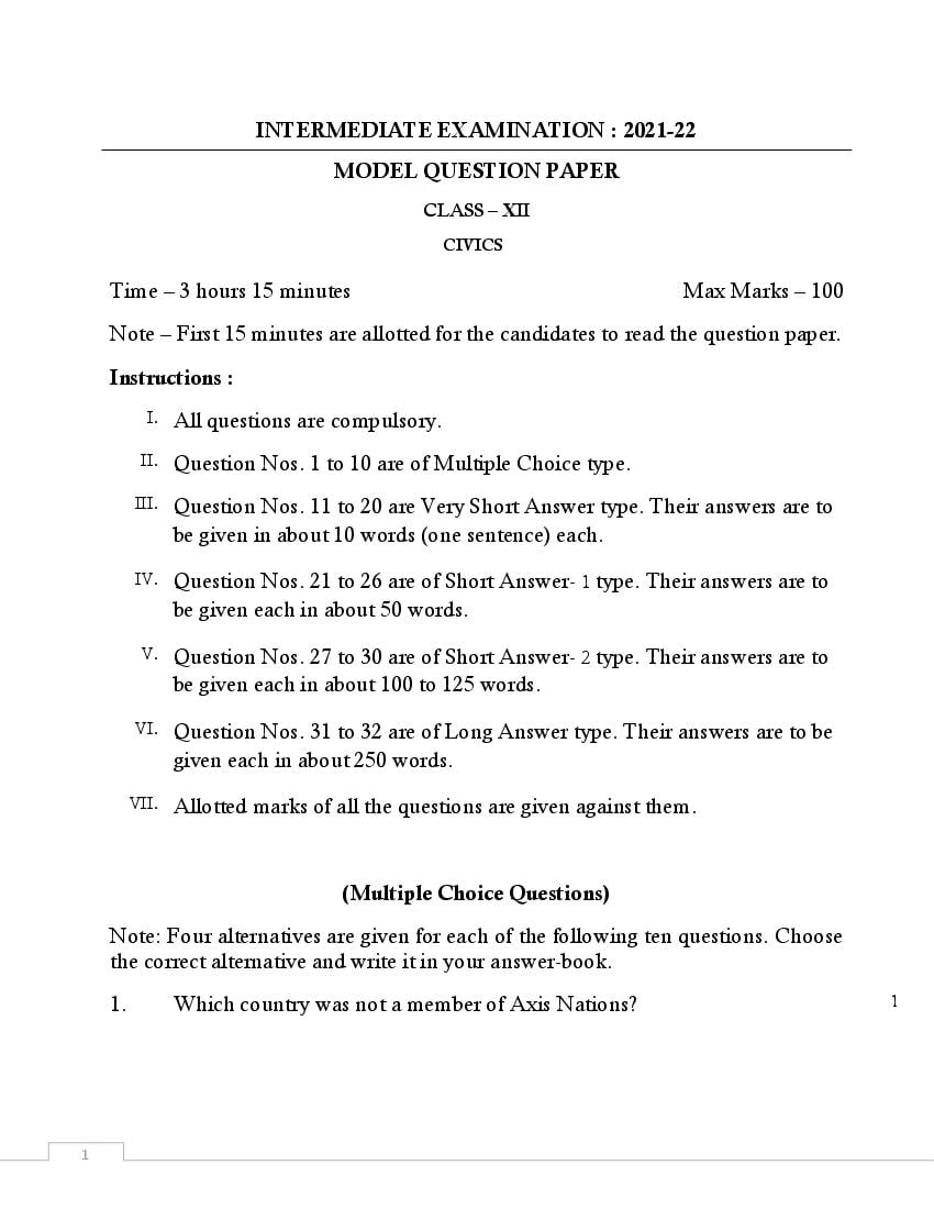 UP Board Class 12th Model Paper 2023 Civics - Page 1