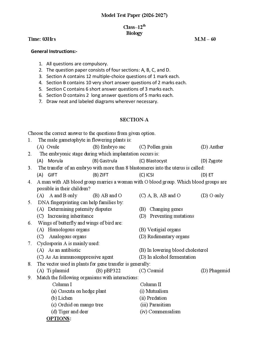HP Board 12th Class Model Question Paper 2027 Biology - Page 1 of 7