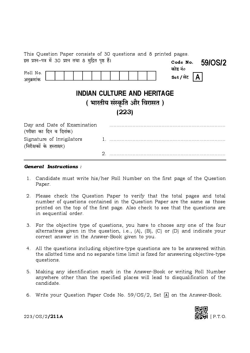 NIOS Class 10 Question Paper Apr 2019 - Indian Culture And Heritage - Page 1