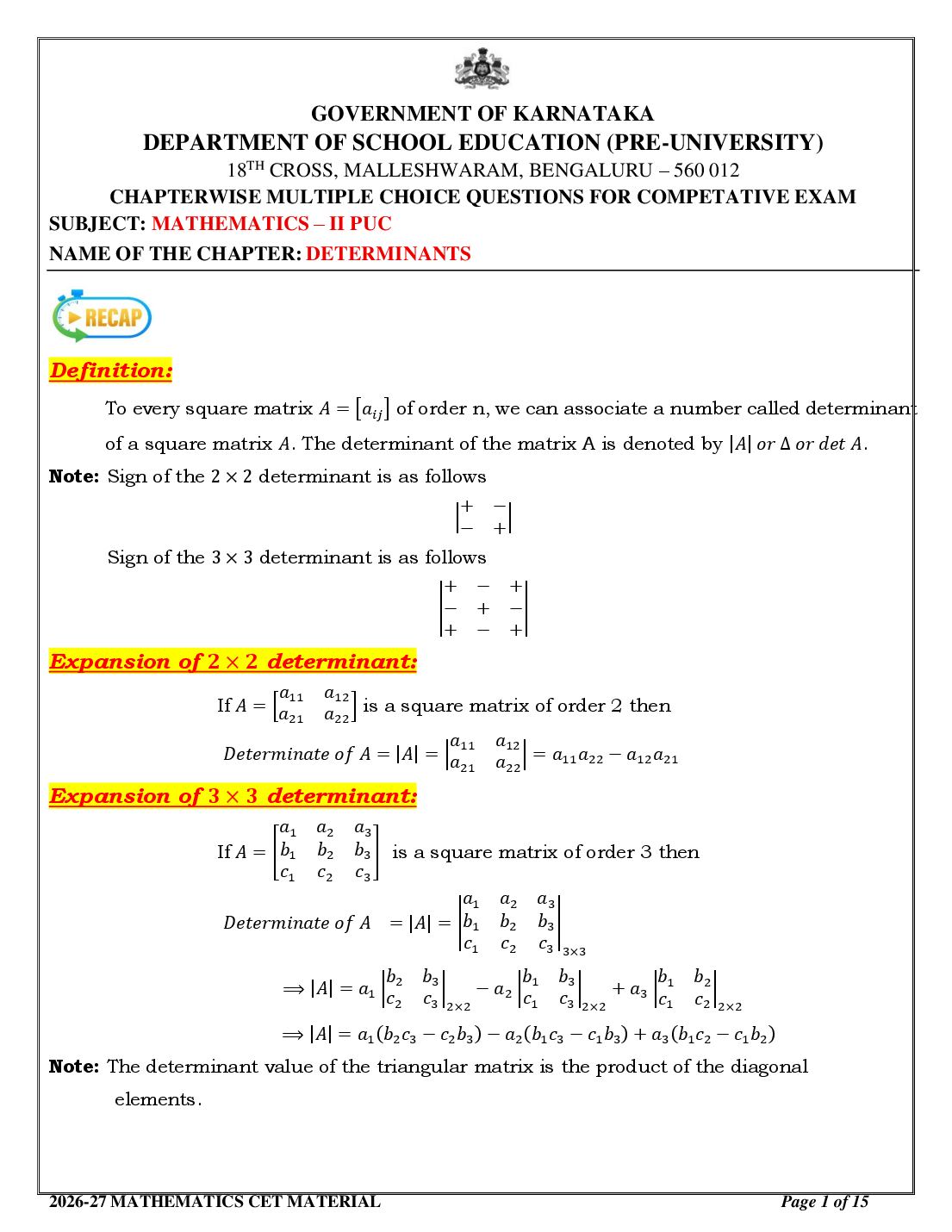 Karnataka 2nd PUC Mathematics Determinants MCQ with Answers - Page 1 of 15