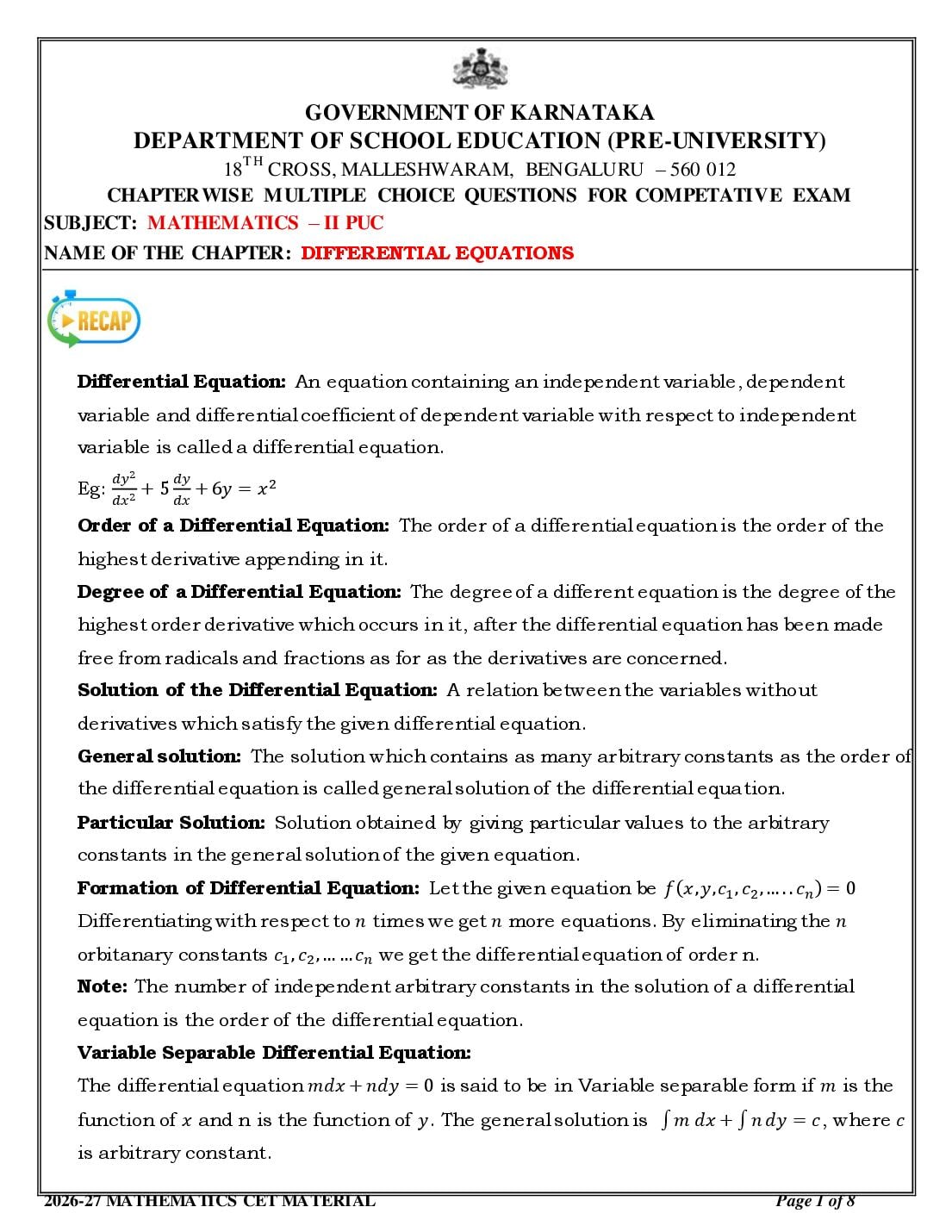 Karnataka 2nd PUC Mathematics Differential Equations MCQ with Answers - Page 1 of 8