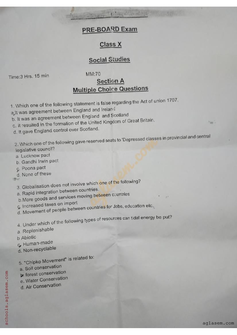 UP Board Class 10 Pre-Board Question Paper 2024 Social Science - Page 1