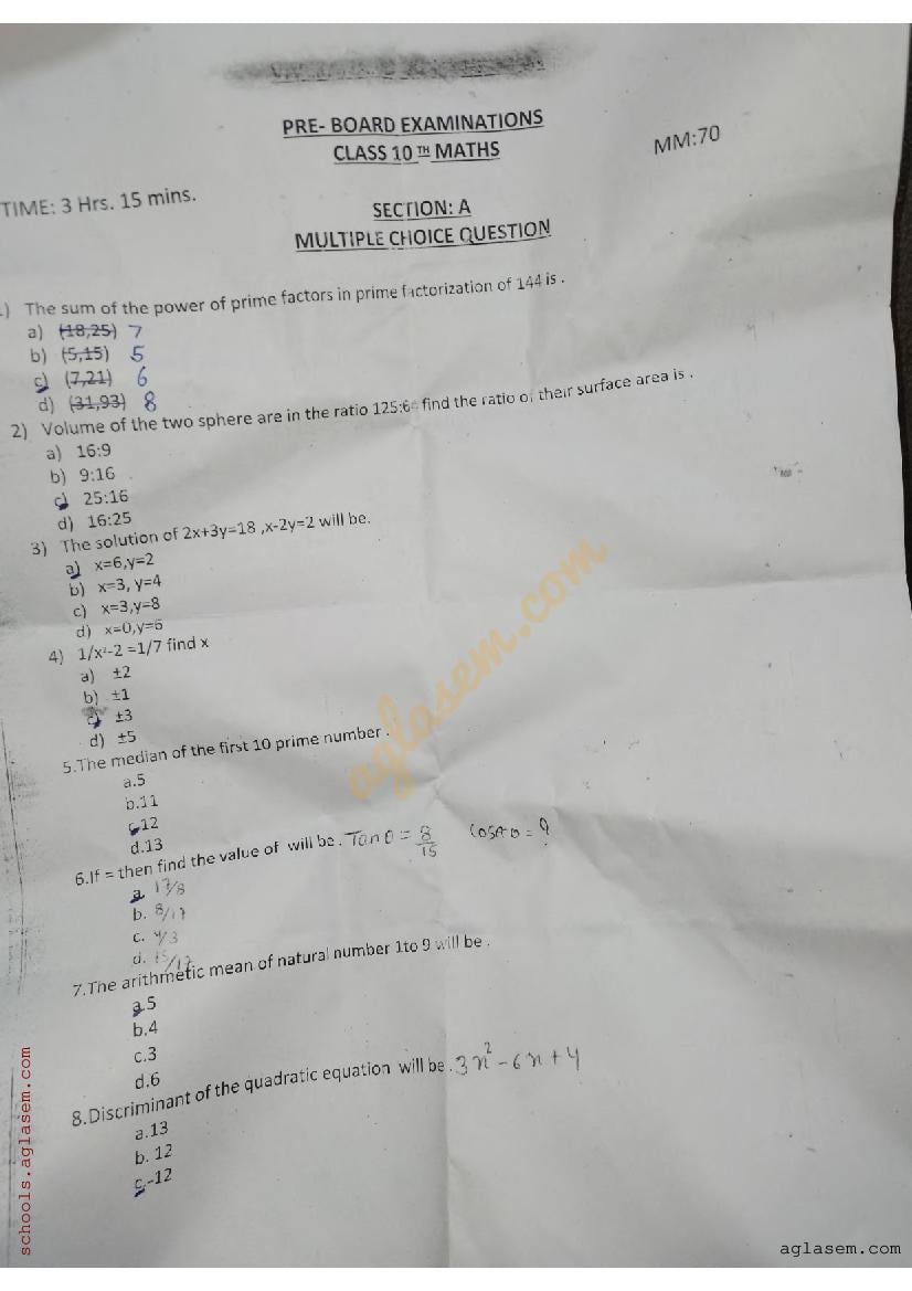 Up Board Class Pre Board Question Paper Maths