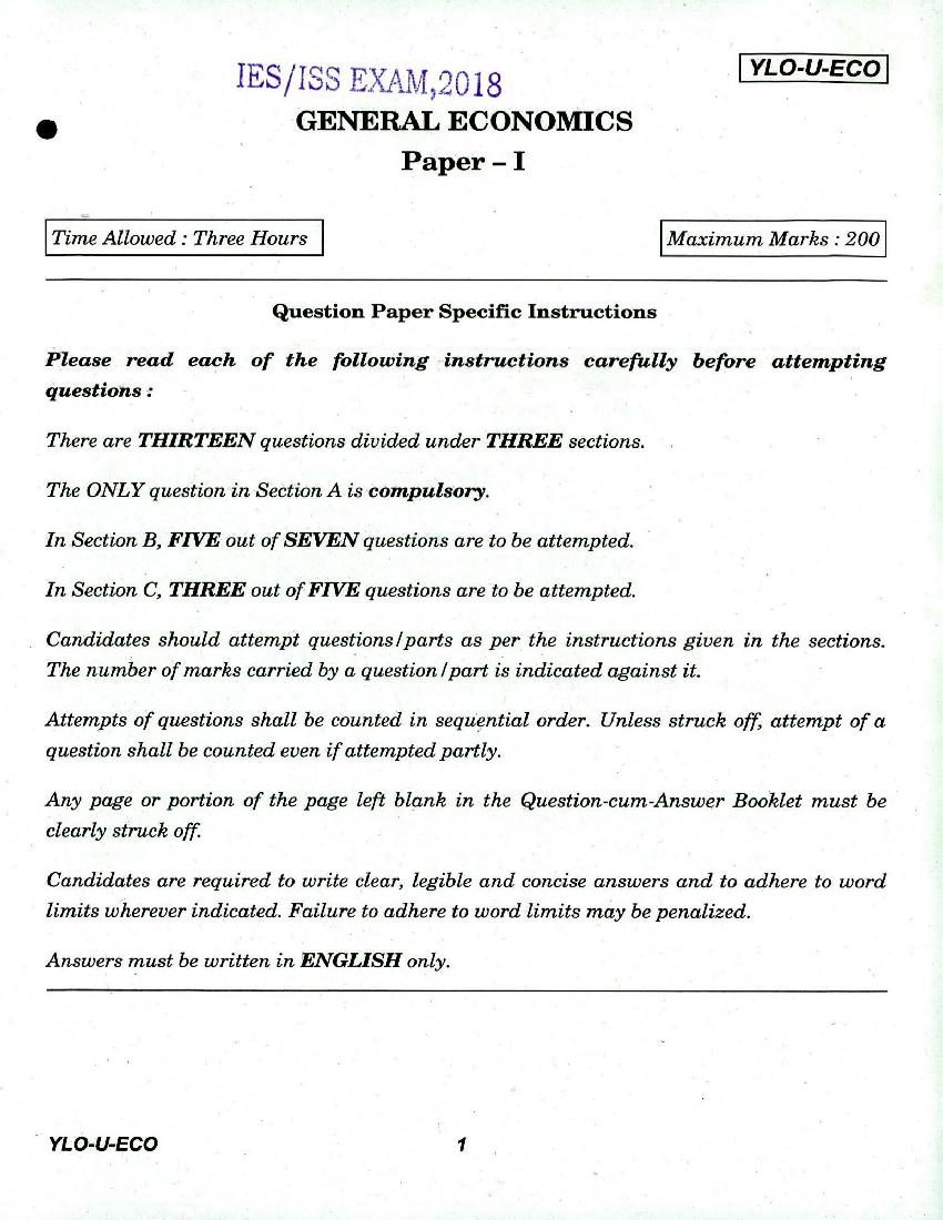 UPSC IES ISS 2018 Question Paper for General Economics Paper - I - Page 1