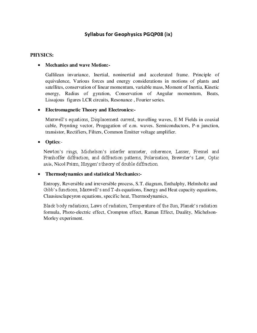 CUET PG 2022 Syllabus PGQP08 (ix) Geophysics - Page 1