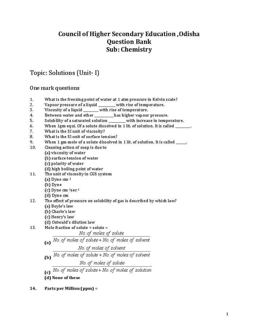 Odisha Board Class 12 Sample Questions Chemistry - Page 1