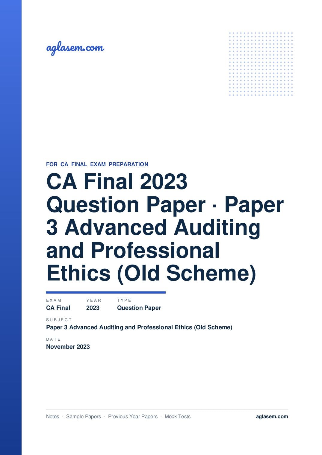 CA Final November 2023 Question Paper Paper 3 Advanced Auditing and Professional Ethics (Old Scheme) - Page 1 of 12