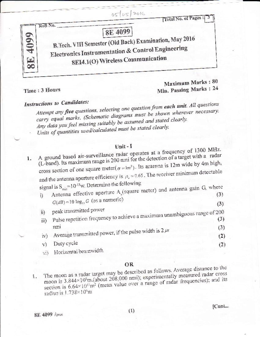 RTU 2016 Question Paper Semester VIII Electronic Instrumentation and ...