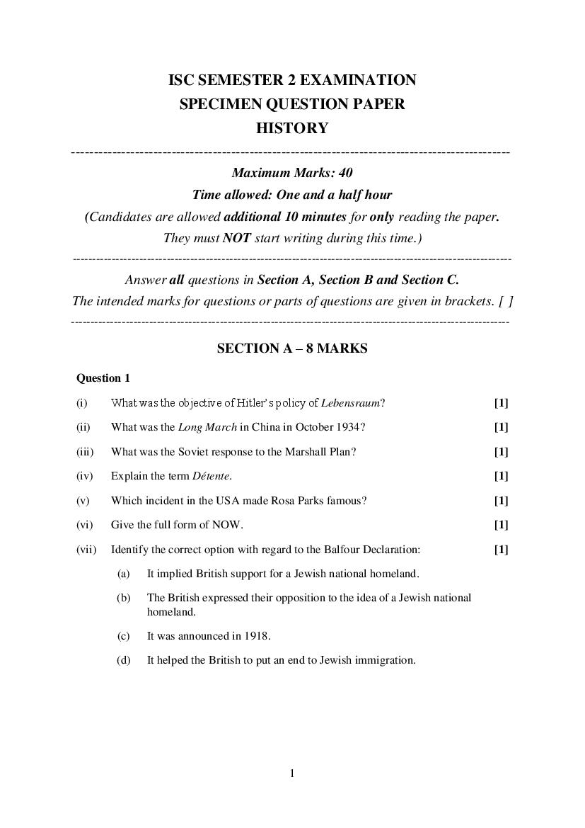 ISC Class 12 Specimen Paper 2022 History Semester 2 - Page 1