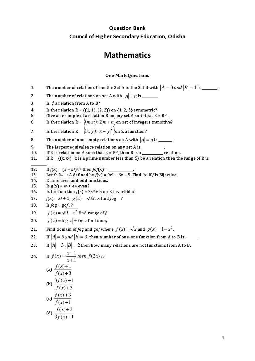 Odisha Board Class 12 Sample Questions Maths - Page 1