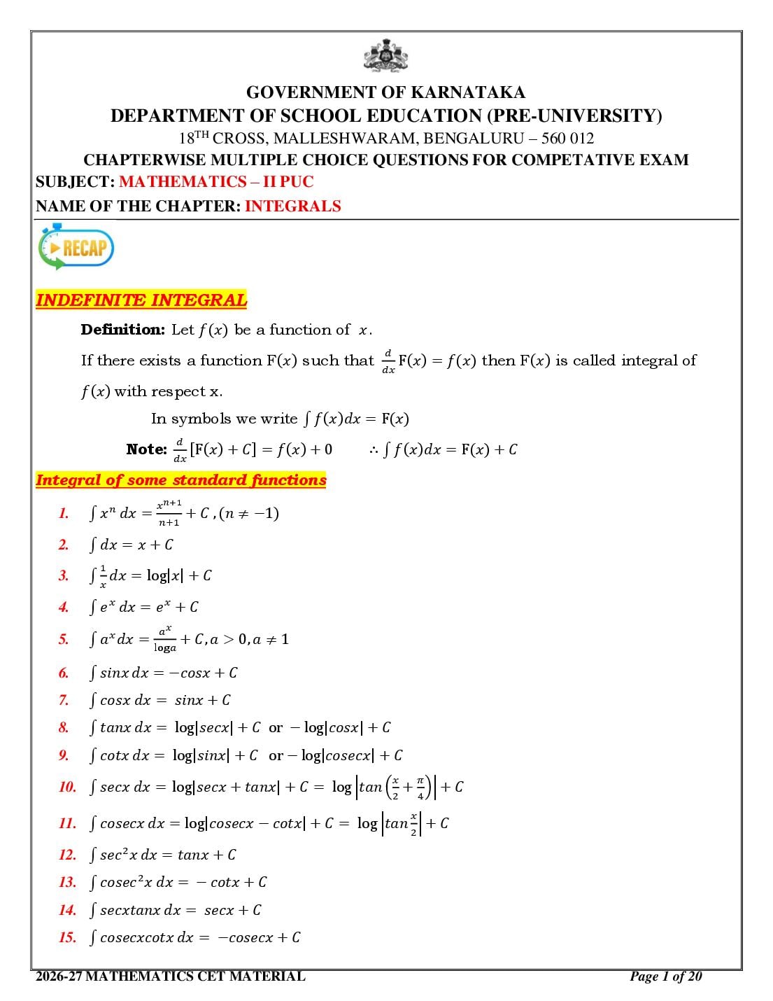 Karnataka 2nd PUC Mathematics Integrals MCQ with Answers - Page 1 of 20