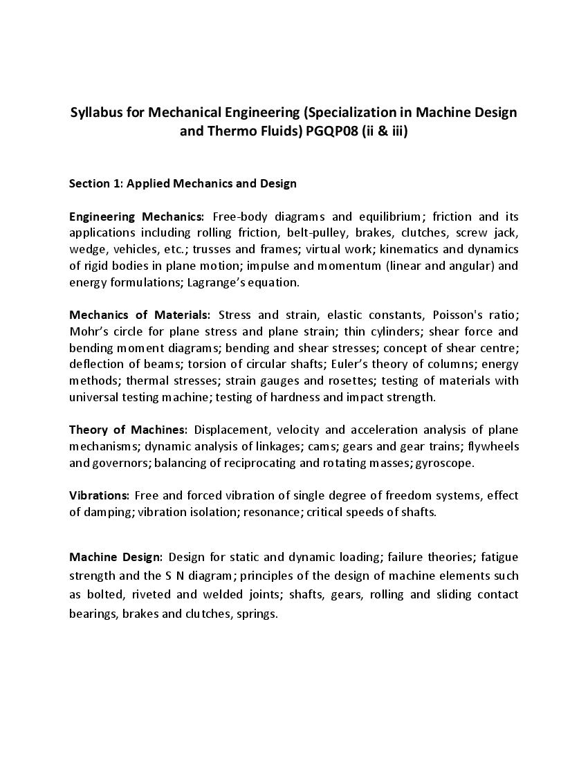CUET PG 2022 Syllabus PGQP08 (i,iii) Mechanical Engineering (Specialization in Machine Design and Thermo Fluids) - Page 1